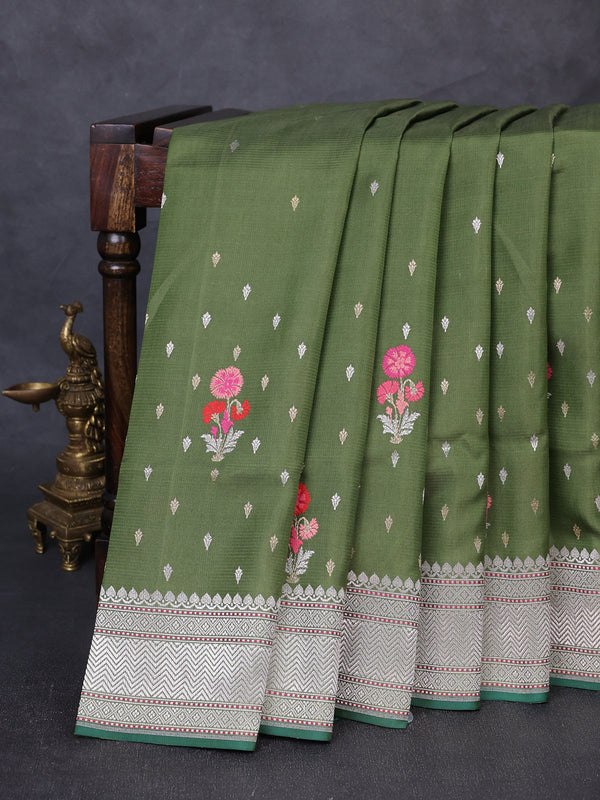 Sap Green - Bottle Green Banarasi Kora Silk Saree