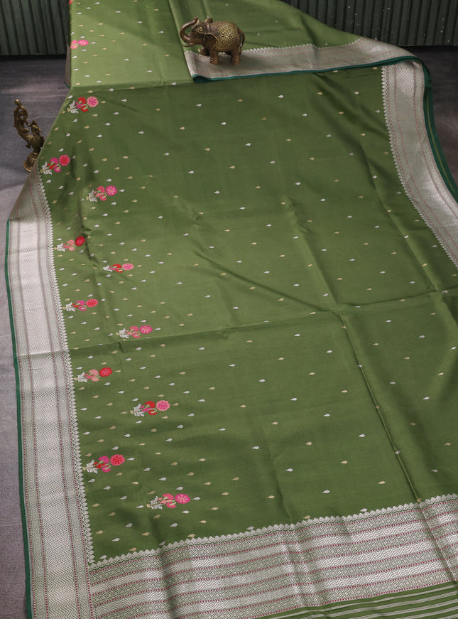 Sap Green - Bottle Green Banarasi Kora Silk Saree