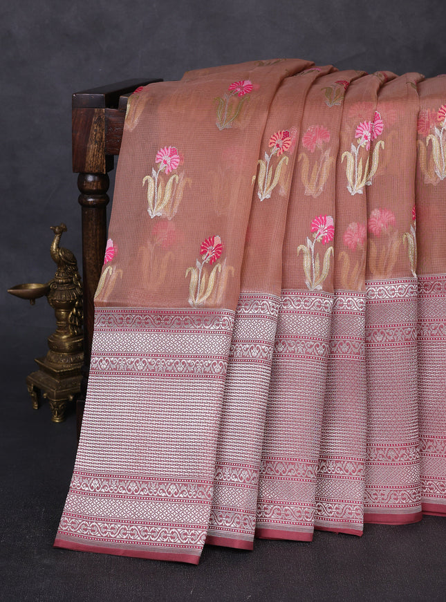 Pastel Peach - Dark Peach  Banarasi Kora Silk Saree