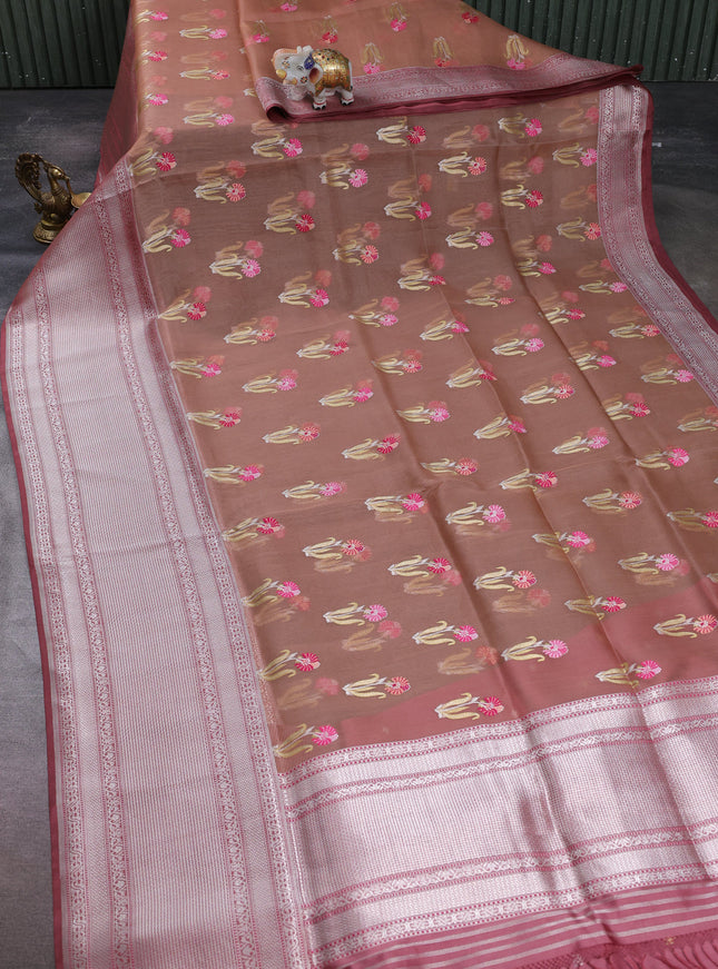 Pastel Peach - Dark Peach  Banarasi Kora Silk Saree
