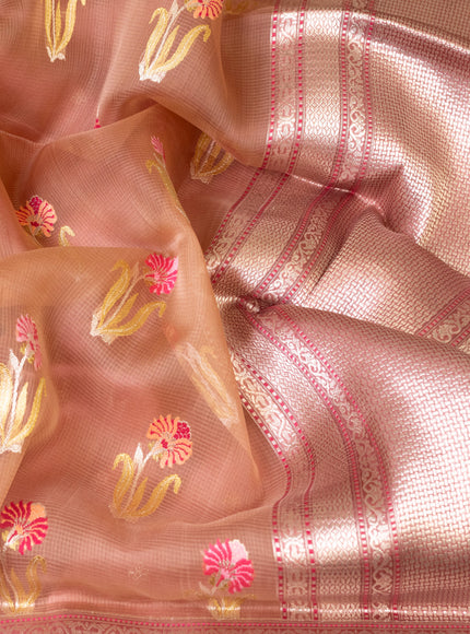 Pastel Peach - Dark Peach  Banarasi Kora Silk Saree