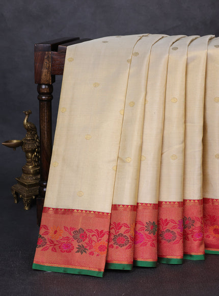 Beige - Tomato Pink Pure Kanchipuram Tissue Silk Saree