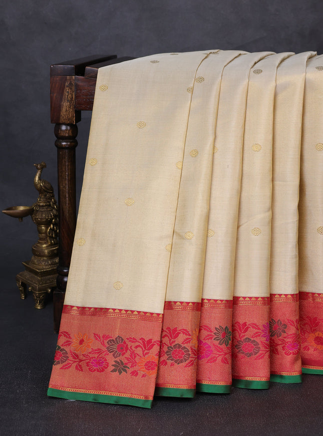 Beige - Tomato Pink Pure Kanchipuram Tissue Silk Saree
