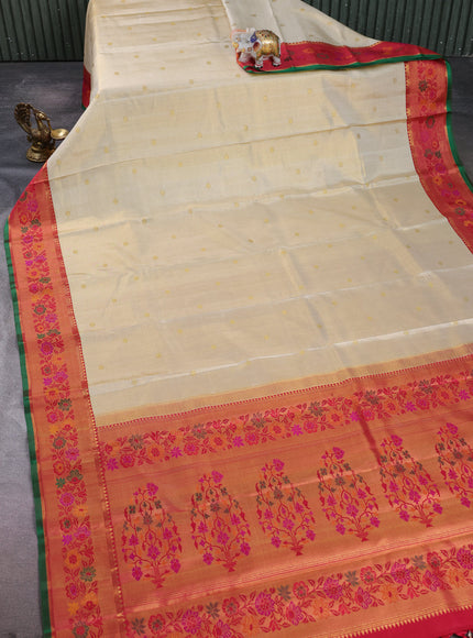 Beige - Tomato Pink Pure Kanchipuram Tissue Silk Saree