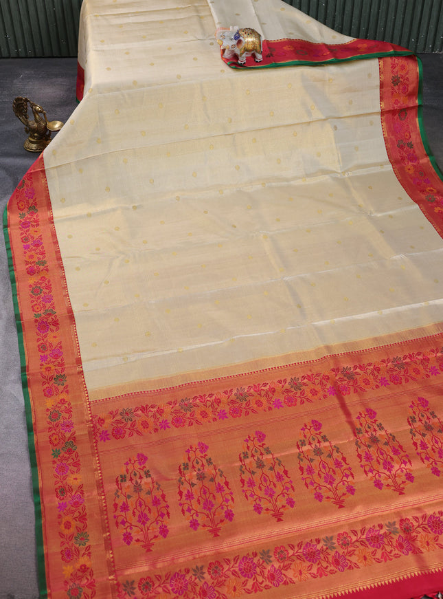 Beige - Tomato Pink Pure Kanchipuram Tissue Silk Saree