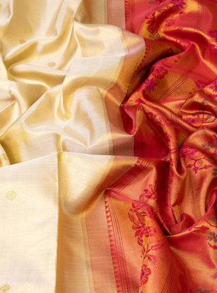 Beige - Tomato Pink Pure Kanchipuram Tissue Silk Saree
