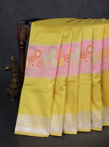 Lime Yellow - Baby Pink Banarasi Silk Saree