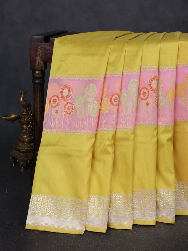 Lime Yellow - Baby Pink Banarasi Silk Saree