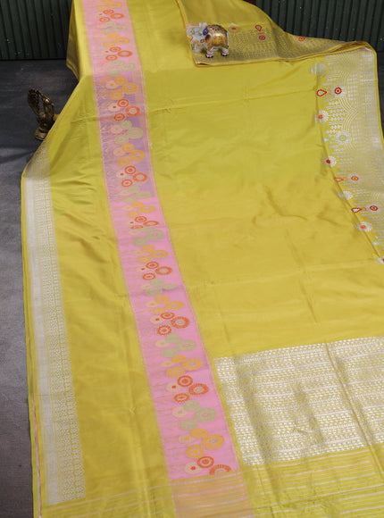 Lime Yellow - Baby Pink Banarasi Silk Saree