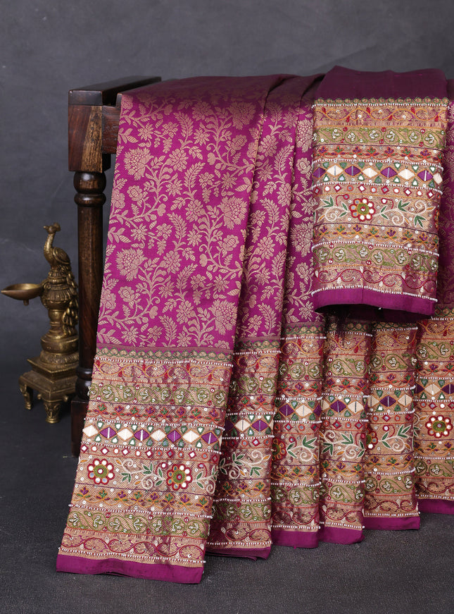 Purple Pure Kanchipuram Silk Embroidery Saree