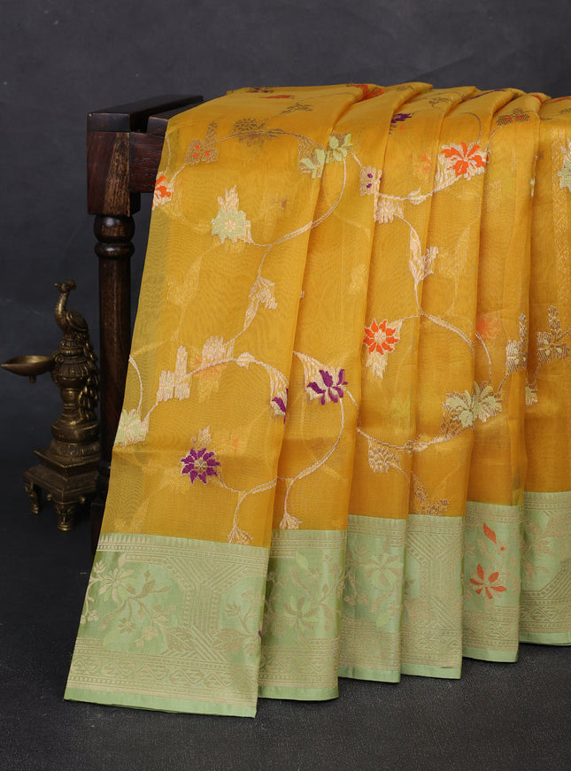 Mustard - Pastel Green Banarasi Kora Saree