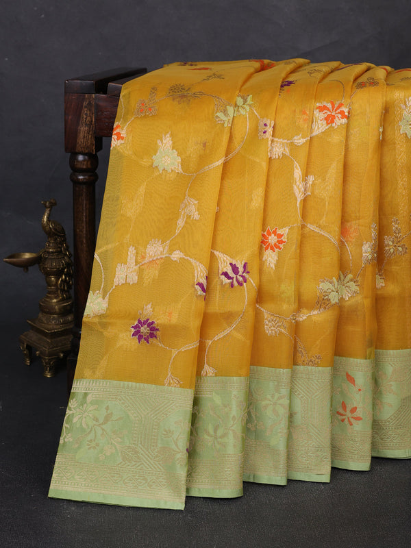 Mustard - Pastel Green Banarasi Kora Saree
