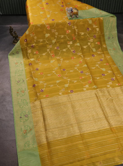 Mustard - Pastel Green Banarasi Kora Saree