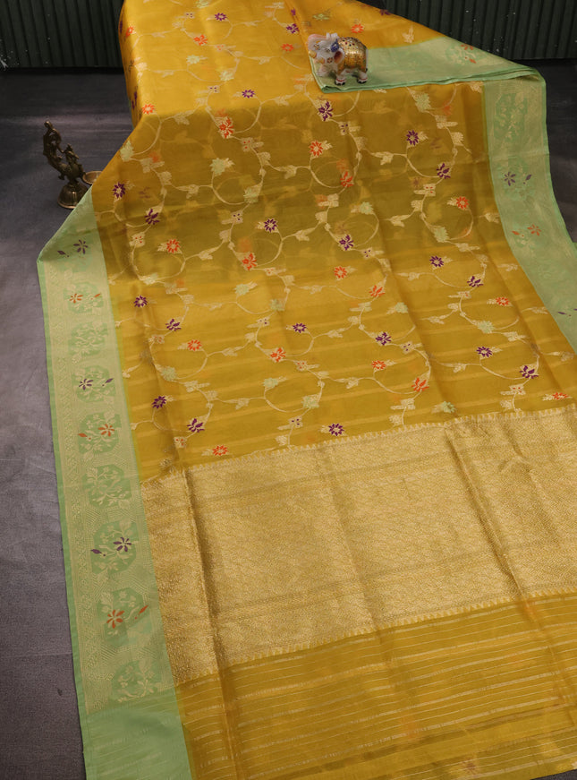 Mustard - Pastel Green Banarasi Kora Saree