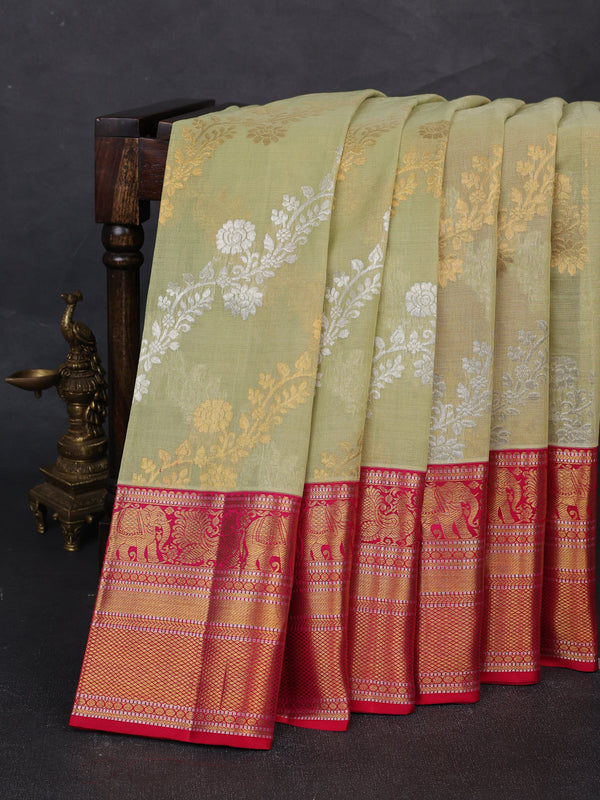 Pista Green - Pink Pure Khadi Cotton With Zari Weaving And Kanchi Border & Pallu