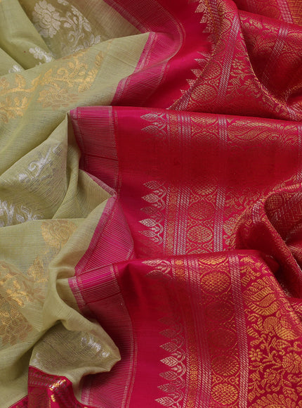 Pista Green - Pink Pure Khadi Cotton With Zari Weaving And Kanchi Border & Pallu