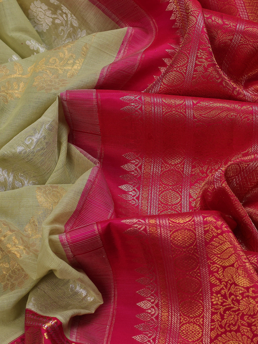 Pista Green - Pink Pure Khadi Cotton With Zari Weaving And Kanchi Border & Pallu
