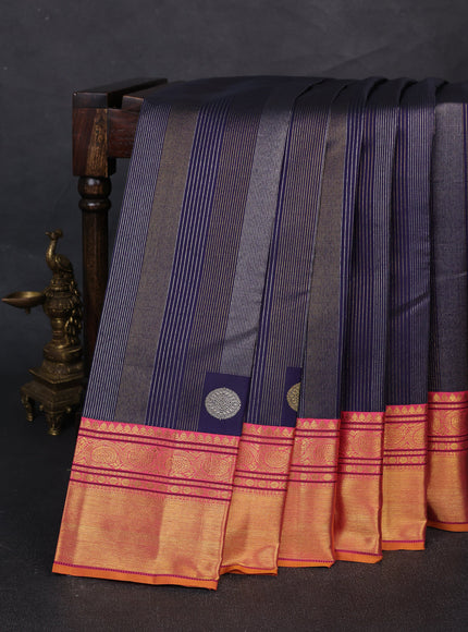 Navy Blue - Peach Pure Kanchipuram Silk Saree