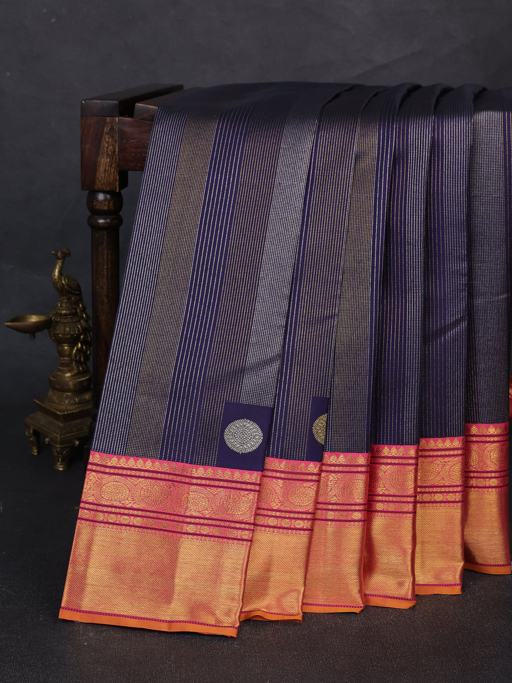 Navy Blue - Peach Pure Kanchipuram Silk Saree
