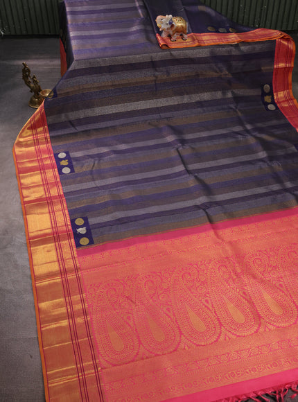 Navy Blue - Peach Pure Kanchipuram Silk Saree