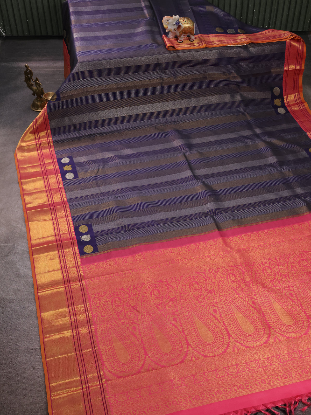 Navy Blue - Peach Pure Kanchipuram Silk Saree