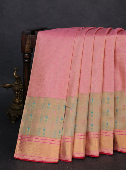 Light Pink - Beige Pure Kanchipuram Silk Saree