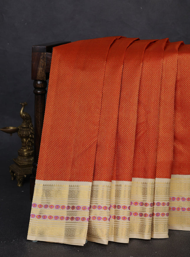 Orange - Beige Pure Kanchipuram Silk Saree