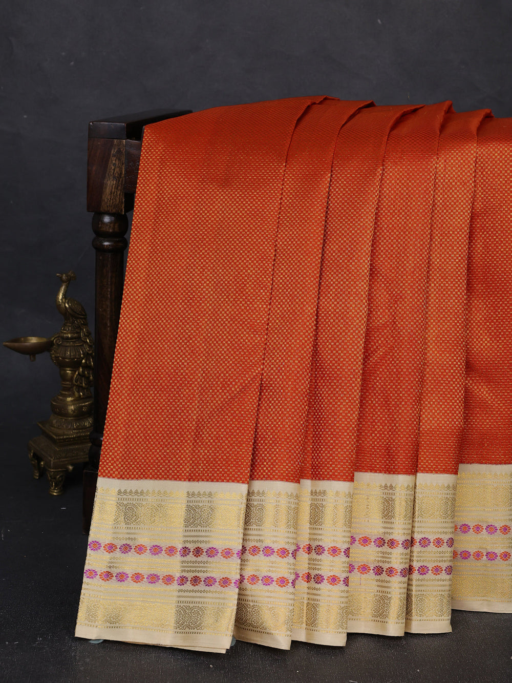 Orange - Beige Pure Kanchipuram Silk Saree
