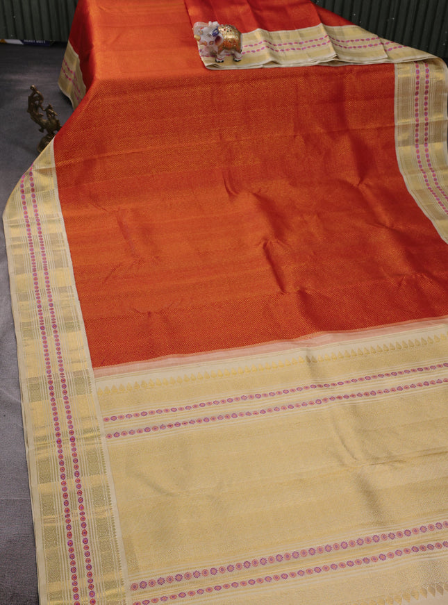 Orange - Beige Pure Kanchipuram Silk Saree
