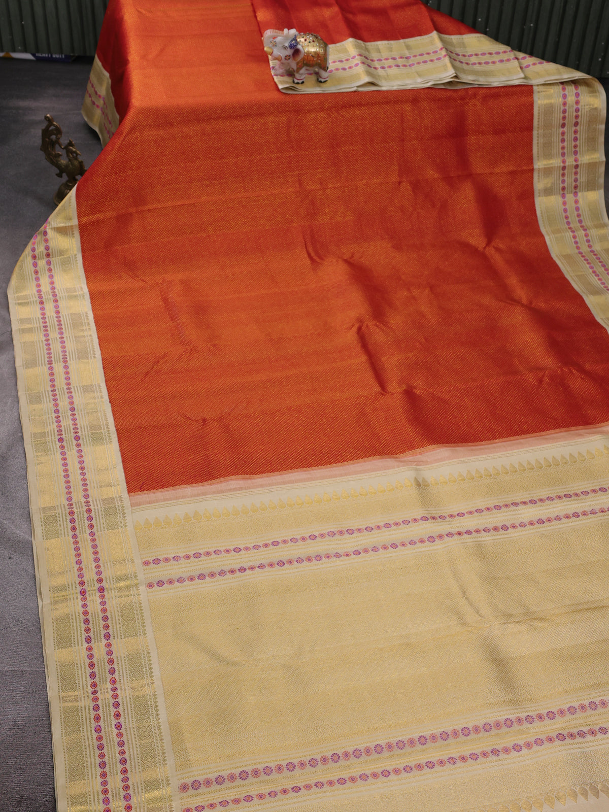 Orange - Beige Pure Kanchipuram Silk Saree