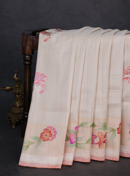 Cream - Pink Banarasi Tussar Silk Saree