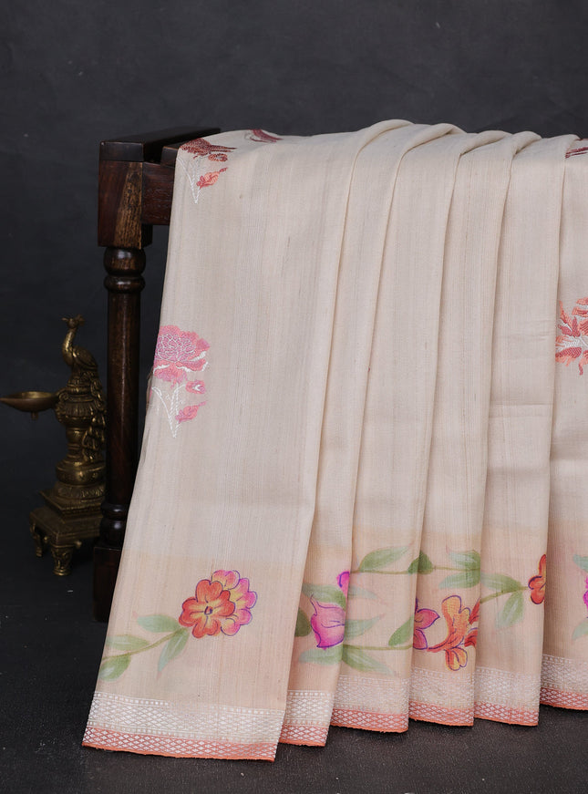 Cream - Pink Banarasi Tussar Silk Saree