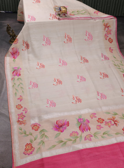 Cream - Pink Banarasi Tussar Silk Saree
