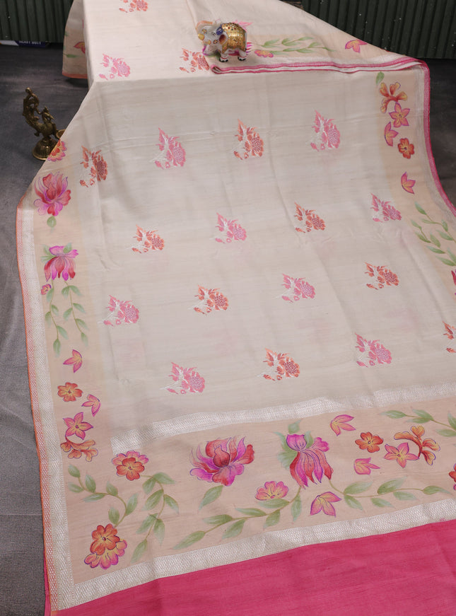 Cream - Pink Banarasi Tussar Silk Saree