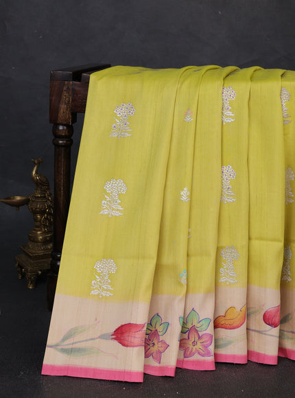 Lime Yellow - Pink Banarasi Tussar Silk Saree