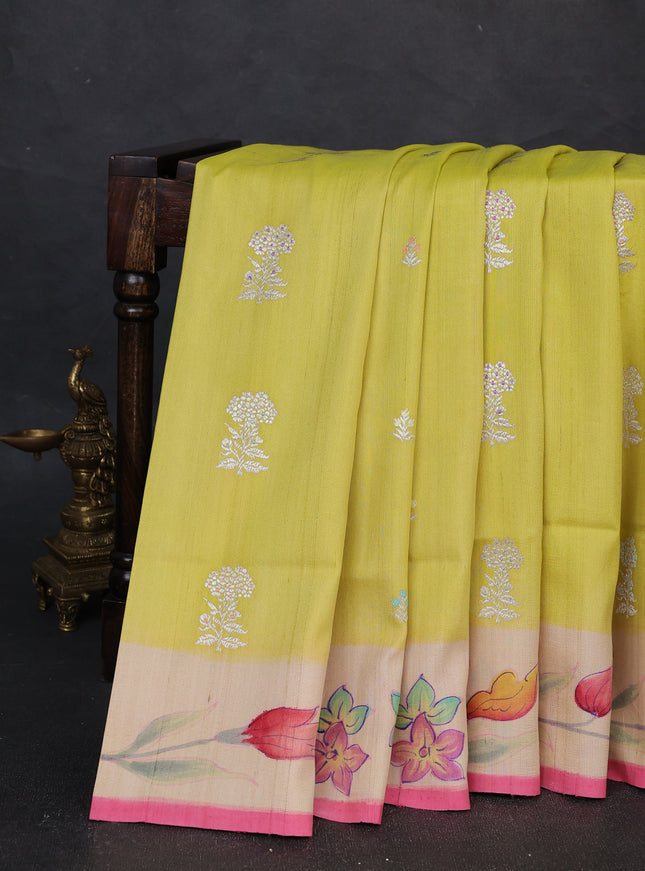 Lime Yellow - Pink Banarasi Tussar Silk Saree