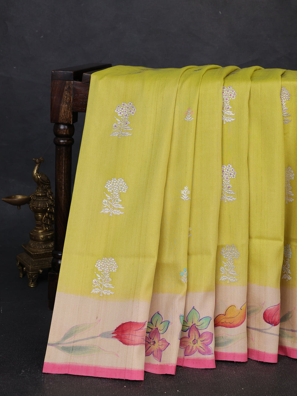 Lime Yellow - Pink Banarasi Tussar Silk Saree