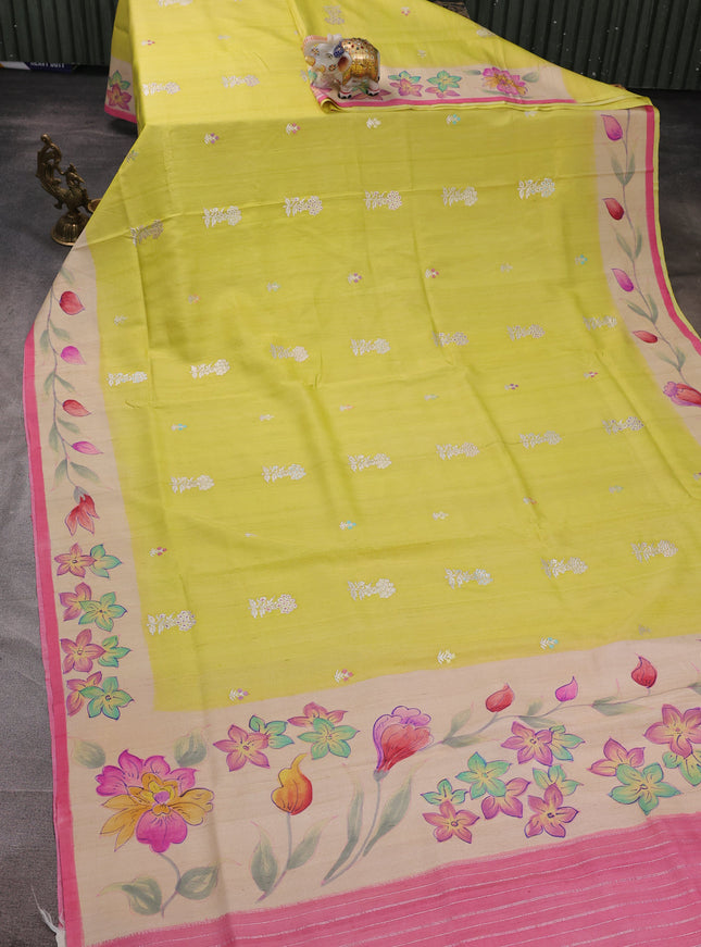 Lime Yellow - Pink Banarasi Tussar Silk Saree