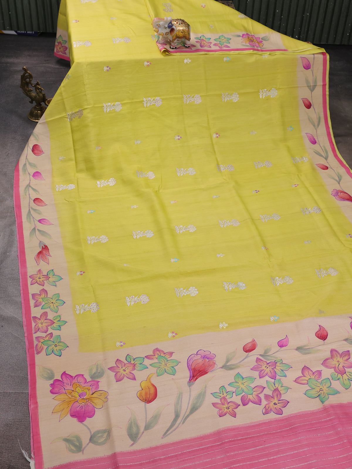 Lime Yellow - Pink Banarasi Tussar Silk Saree