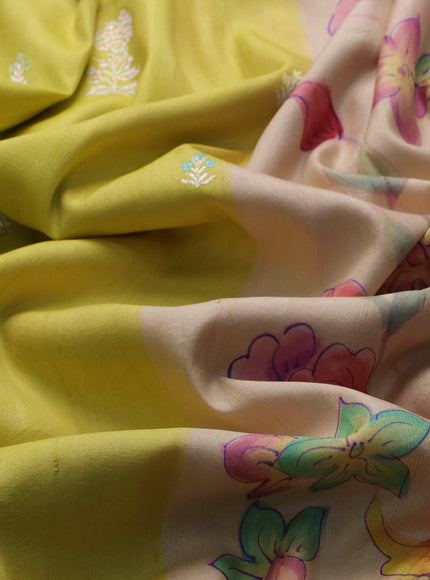 Lime Yellow - Pink Banarasi Tussar Silk Saree