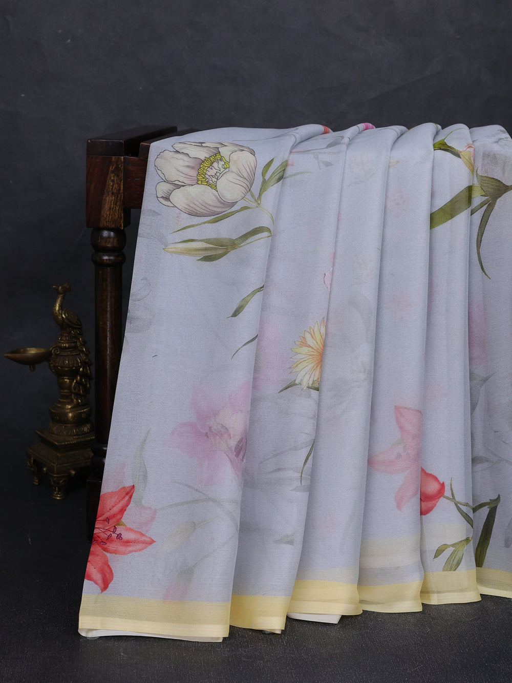 Grey Chiffon Printed Silk Saree