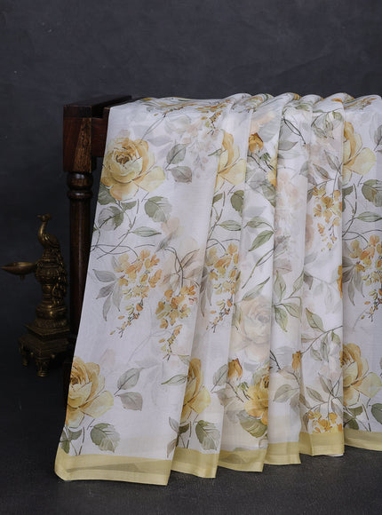White - Yellow Chiffon Printed Silk Saree