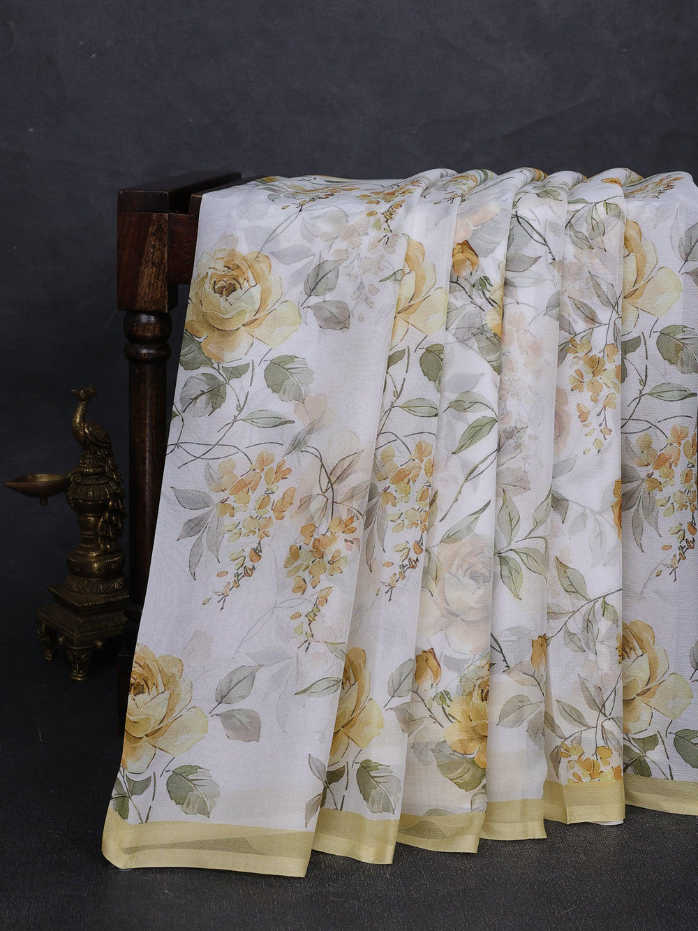 White - Yellow Chiffon Printed Silk Saree