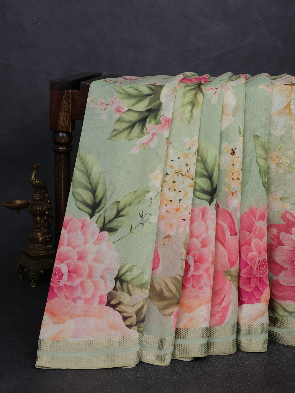 Pista Green Chiffon Printed Silk Saree