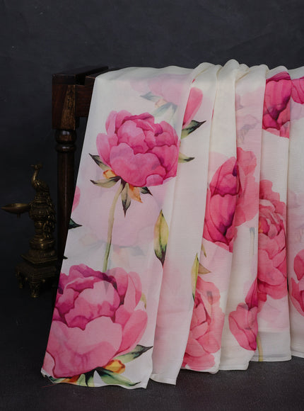 Off White Chiffon Printed Silk Saree