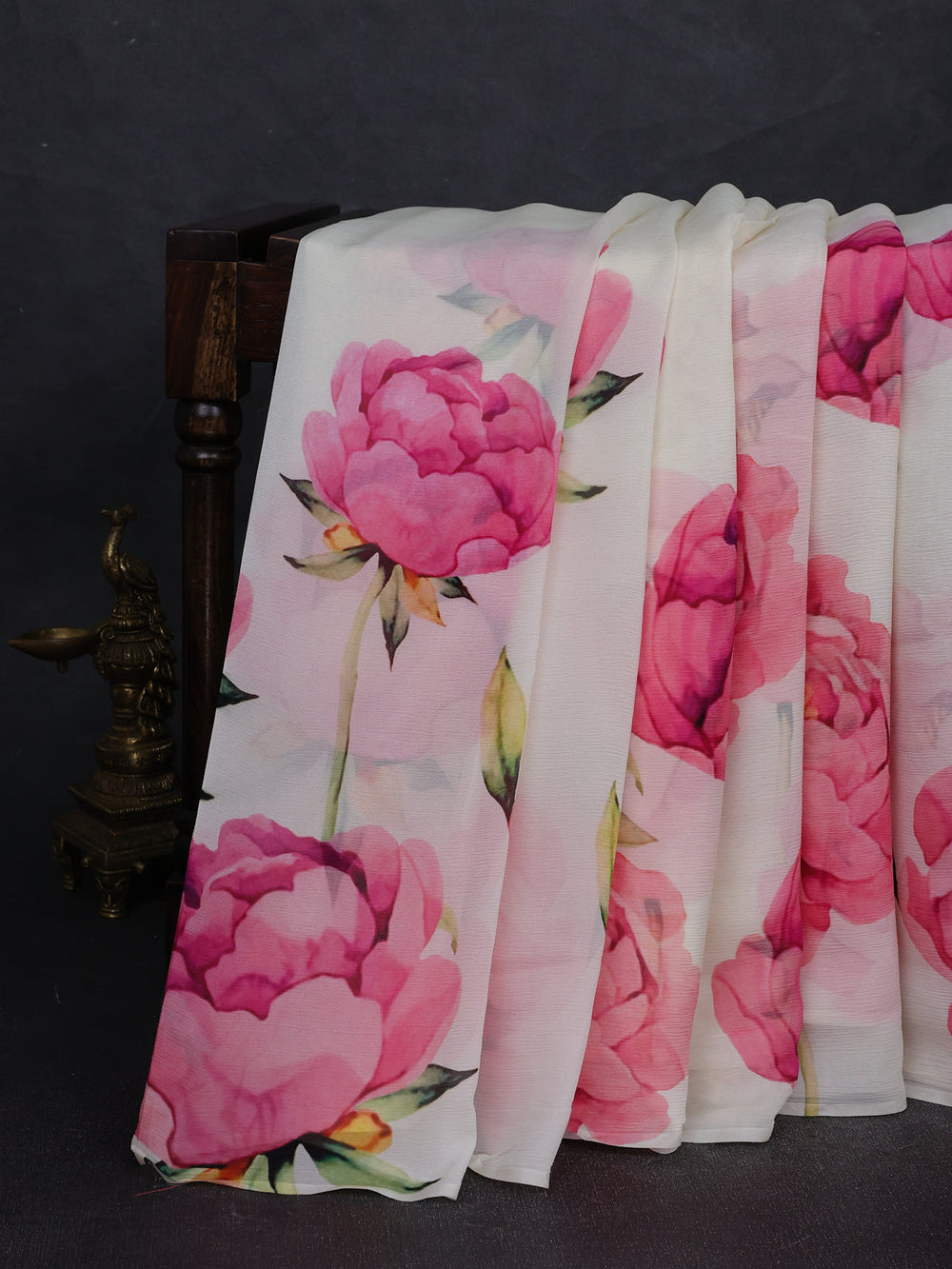 Off White Chiffon Printed Silk Saree
