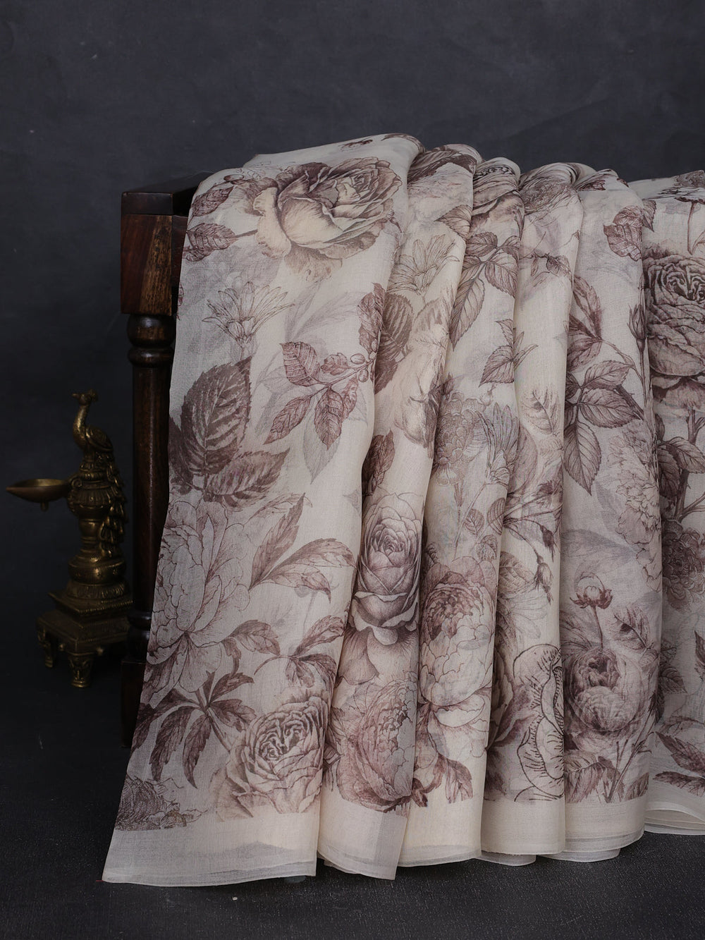 Cream Organza Printed Silk Saree