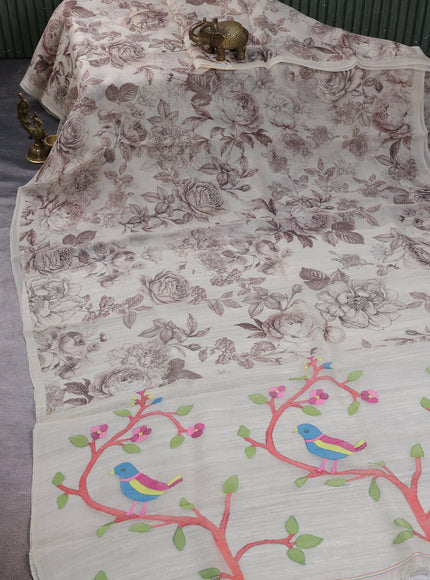 Cream Organza Printed Silk Saree