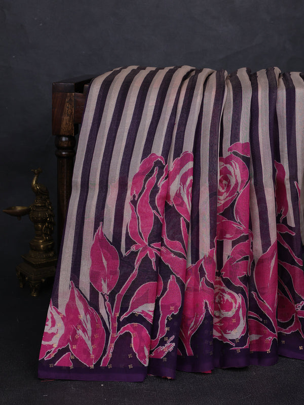 Purple - Beige Organza Printed Silk Saree