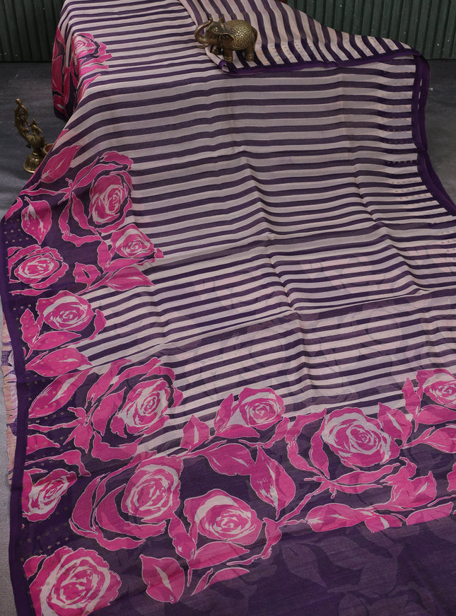 Purple - Beige Organza Printed Silk Saree